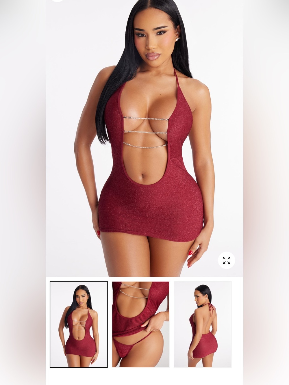 2/60$🔥Plunging Halter Mini Dress with Rhinestone Straps - Burgundy